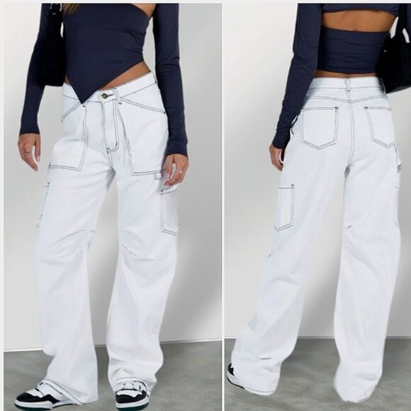 LIONESS White Cargo Denim Pants - Picture 1 of 6